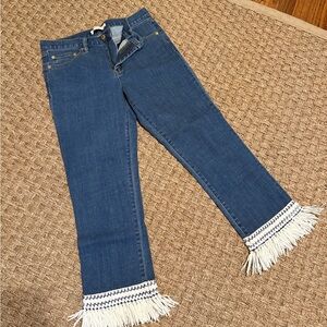 Tory Burch Blue Flare Wide Leg Jeans with Decorative Hem